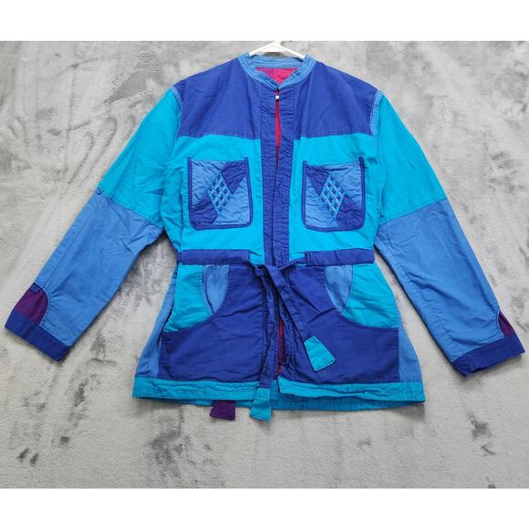 Vintage Jacket Womens M Pink Blue Nepal Reversible Packable Patchwork Belted - Picture 1 of 16